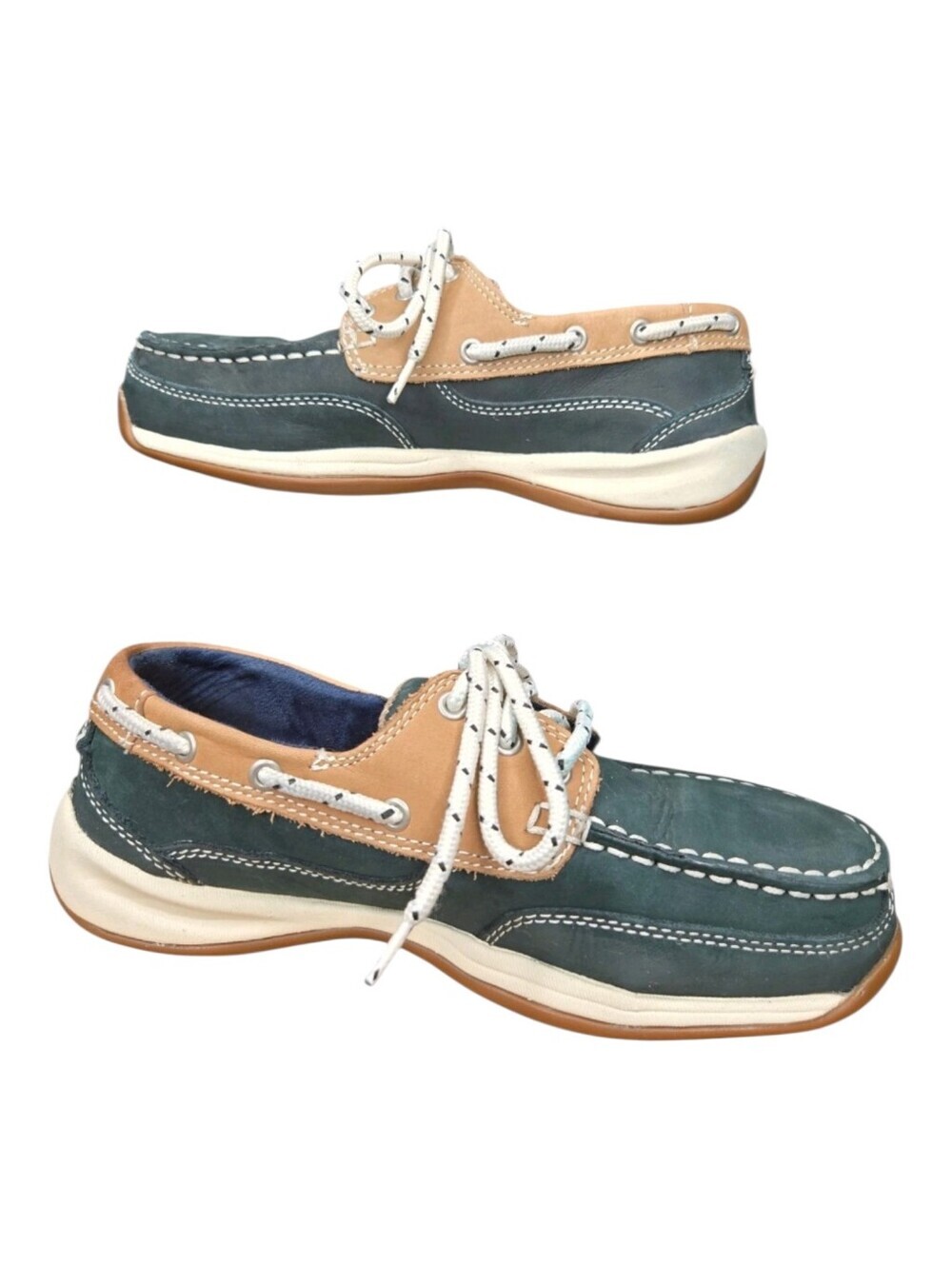Rockport Womens Sailing Club Navy Tan Leather 3 Eye Tie Boat Shoes Size 6.5